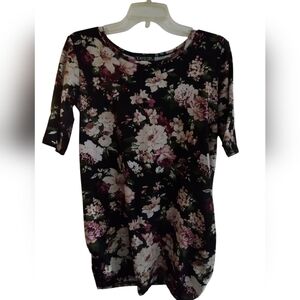 2/$10 dueTime Maternity Tunic Stule Floral Black Top With Gathrred Sides LARGE